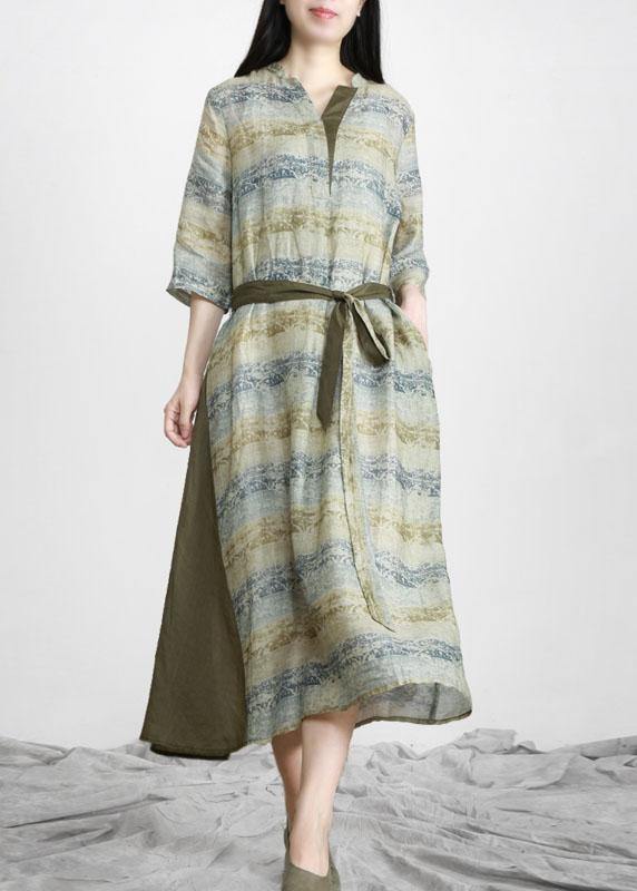 Diy Green Print Patchwork Pockets Tie Waist Linen Fall Derss