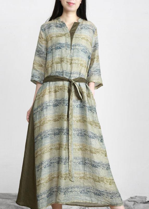 Diy Green Print Patchwork Pockets Tie Waist Linen Fall Derss
