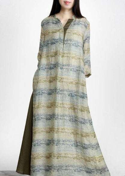 Diy Green Print Patchwork Pockets Tie Waist Linen Fall Derss
