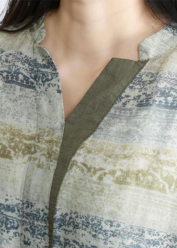 Diy Green Print Patchwork Pockets Tie Waist Linen Fall Derss
