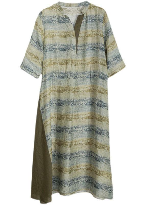 Diy Green Print Patchwork Pockets Tie Waist Linen Fall Derss