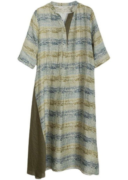 Diy Green Print Patchwork Pockets Tie Waist Linen Fall Derss