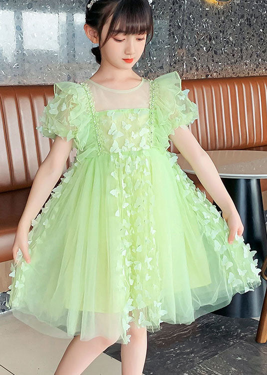 Diy Green Ruffled Butterfly Patchwork Tulle Kids Mid Dress Summer