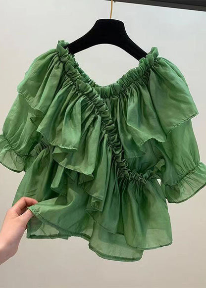 Diy Green Ruffled Patchwork Chiffon Blouses Summer