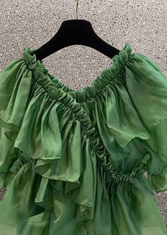 Diy Green Ruffled Patchwork Chiffon Blouses Summer