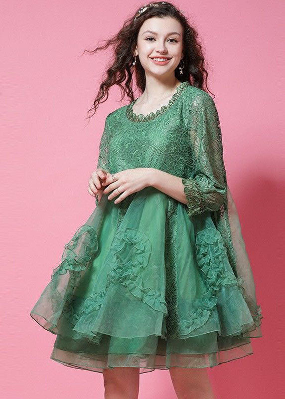 Diy Green Ruffled Patchwork Organza Lace Short Dress Bracelet Sleeve