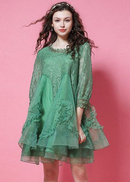 Diy Green Ruffled Patchwork Organza Lace Short Dress Bracelet Sleeve