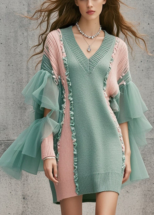 Diy Green Ruffled Patchwork Tulle Long Sweater Fall