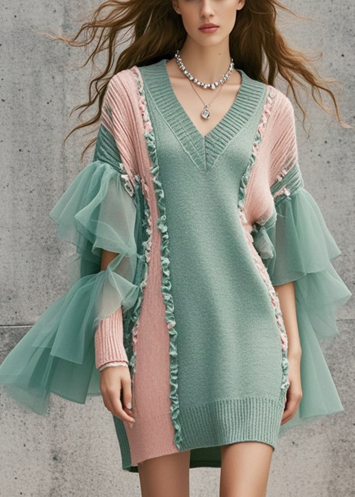 Diy Green Ruffled Patchwork Tulle Long Sweater Fall