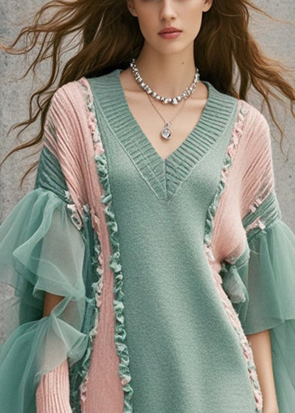 Diy Green Ruffled Patchwork Tulle Long Sweater Fall