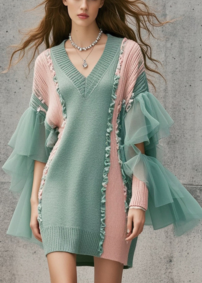Diy Green Ruffled Patchwork Tulle Long Sweater Fall