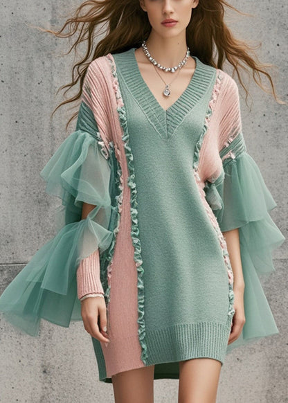 Diy Green Ruffled Patchwork Tulle Long Sweater Fall