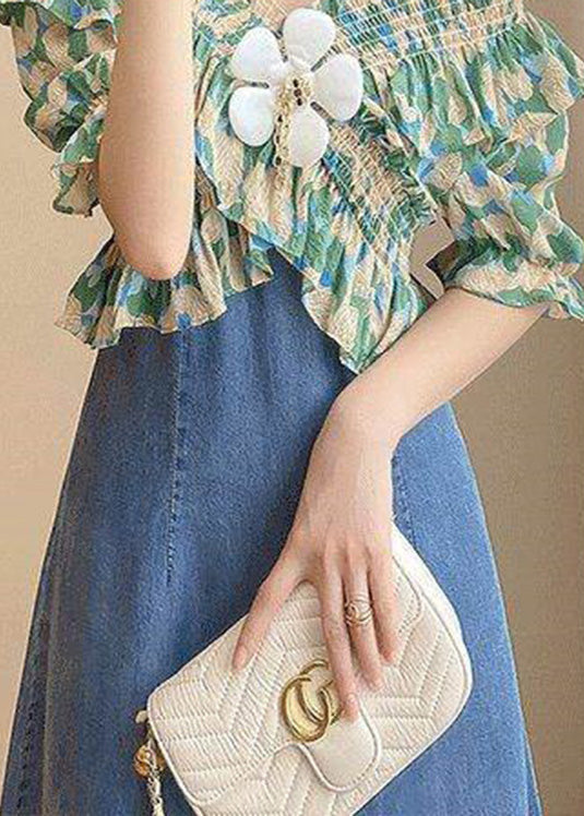 Diy Green Slash Neck Print Patchwork Denim Long Dress Short Sleeve