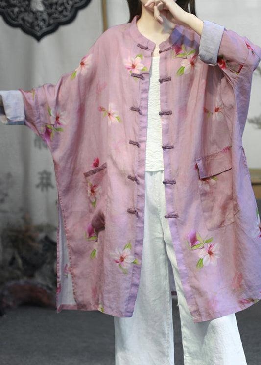 Diy Green Stand Collar Pockets Print Button Linen Coats Long Sleeve