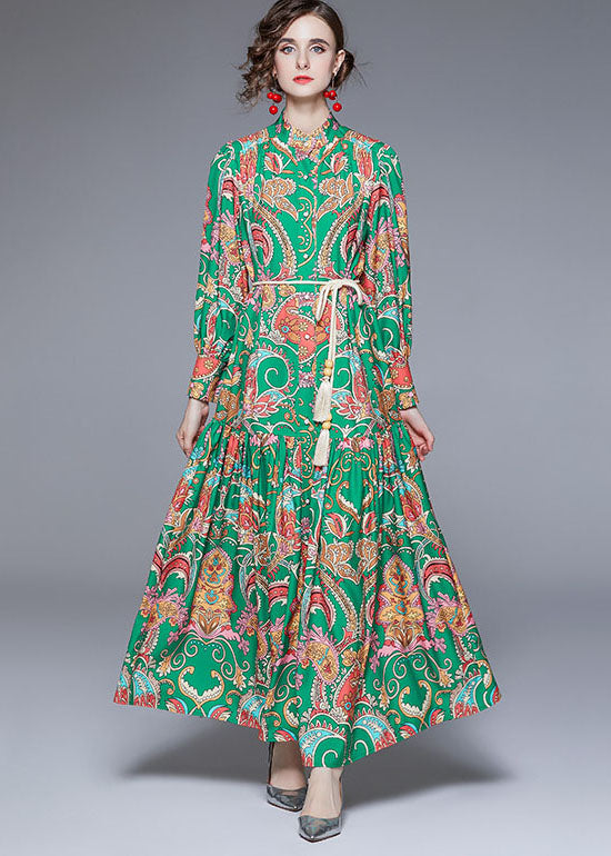 Diy Green Stand Collar Print Wrinkled Sashes Chiffon Holiday Dress Fall