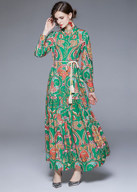 Diy Green Stand Collar Print Wrinkled Sashes Chiffon Holiday Dress Fall