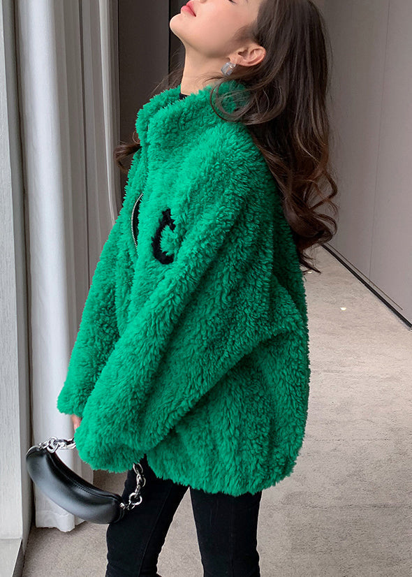 Diy Green Stand Collar Zippered Cozy Faux Fur Coat Long Sleeve