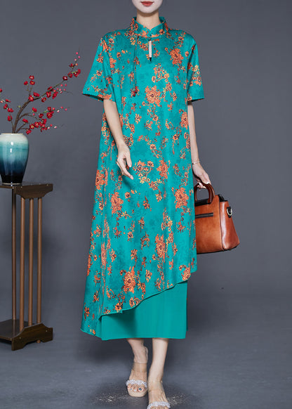 Diy Green Tasseled Print Silk Long Dress Summer