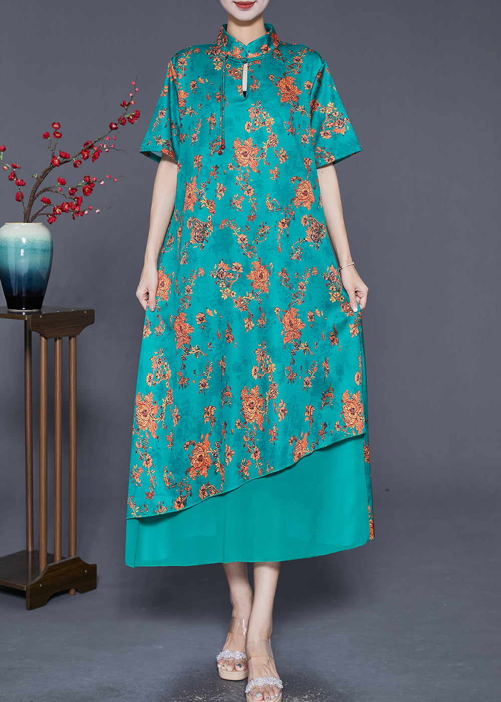 Diy Green Tasseled Print Silk Long Dress Summer