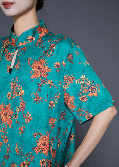 Diy Green Tasseled Print Silk Long Dress Summer