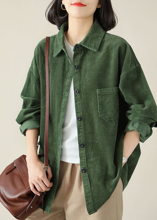 Diy Green Turn-down Collar Oversized Pocket Corduroy Blouse Top Spring