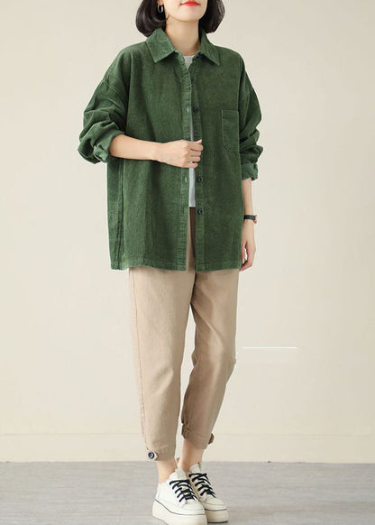 Diy Green Turn-down Collar Oversized Pocket Corduroy Blouse Top Spring
