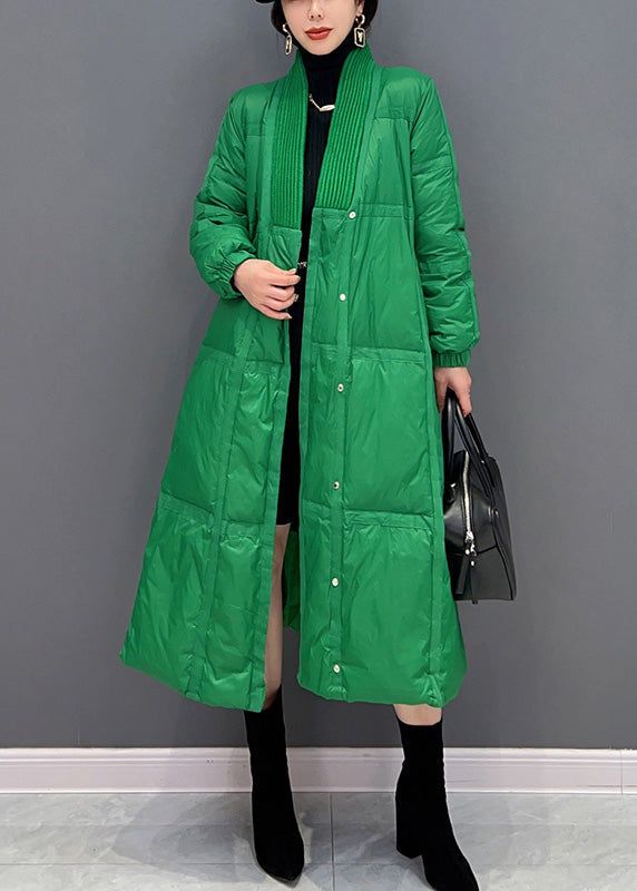 Diy Green V Neck Button Thick Duck Down Down Coat Winter