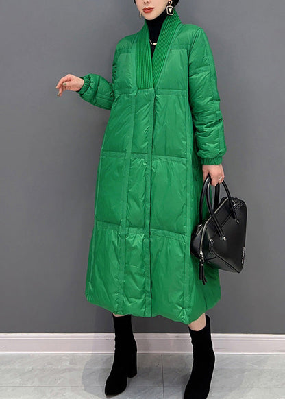 Diy Green V Neck Button Thick Duck Down Down Coat Winter