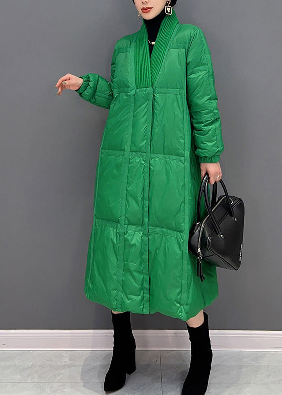 Diy Green V Neck Button Thick Duck Down Down Coat Winter