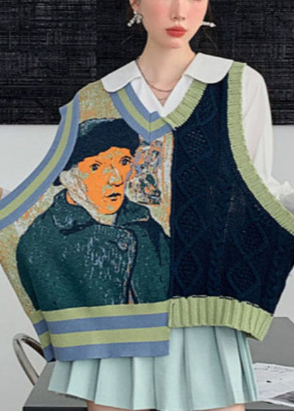 Diy Green V Neck Jacquard Cozy Fall Knit Vest