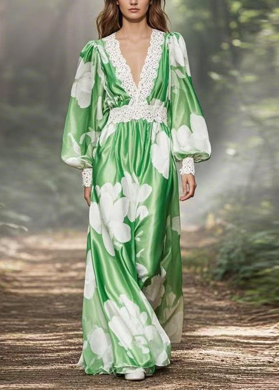 Diy Green V Neck Print Patchwork Silk Robe Dresses Lantern Sleeve