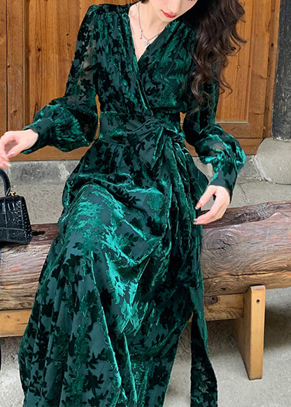 Diy Green V Neck Print Silk Velour Tie Waist Maxi Dresses Fall