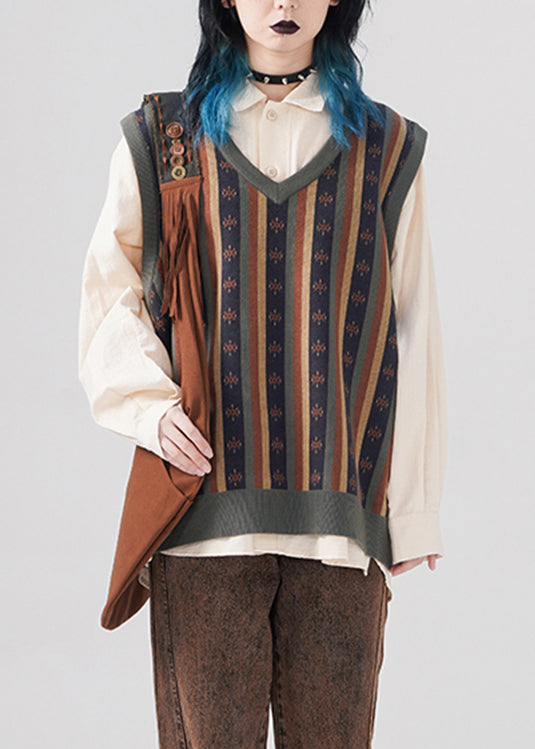 Diy Green V Neck Striped Print Knit Waistcoat Fall