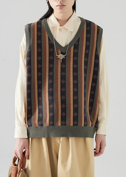 Diy Green V Neck Striped Print Knit Waistcoat Fall