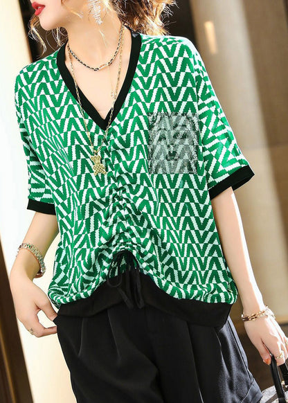 Diy Green V Neck Striped T Shirt Summer