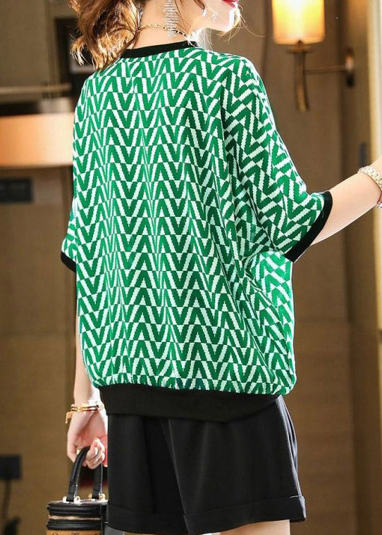 Diy Green V Neck Striped T Shirt Summer