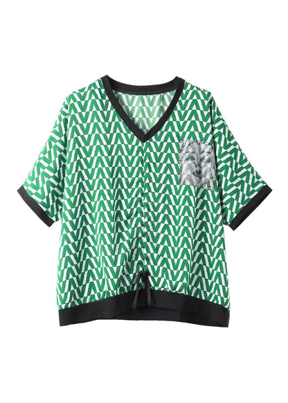 Diy Green V Neck Striped T Shirt Summer