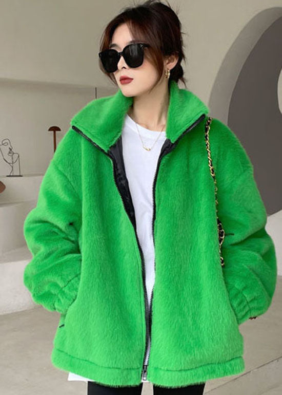 Diy Green Zip Up Mink Velvet Thick Winter Outwear