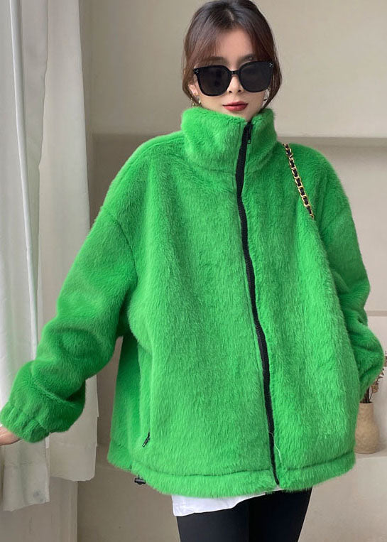 Diy Green Zip Up Mink Velvet Thick Winter Outwear