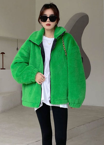 Diy Green Zip Up Mink Velvet Thick Winter Outwear