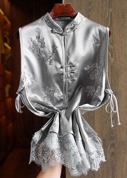 Diy Grey Embroideried Lace Patchwork Button Silk Coats Sleeveless