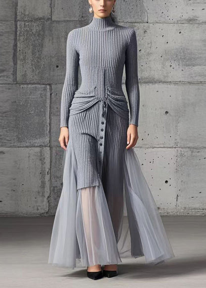 Diy Grey High Neck Patchwork Tulle Sweater Dress Winter