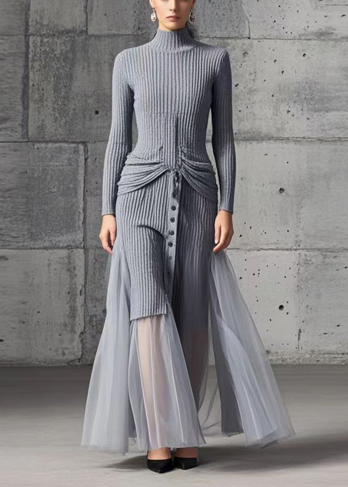 Diy Grey High Neck Patchwork Tulle Sweater Dress Winter
