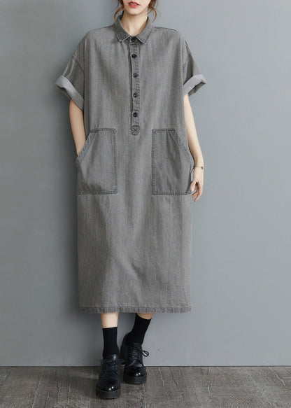 Diy Grey Oversized Pockets Side Open Denim Vacation Dress Summer