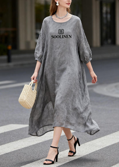 Diy Grey Oversized Print Linen Maxi Dresses Summer