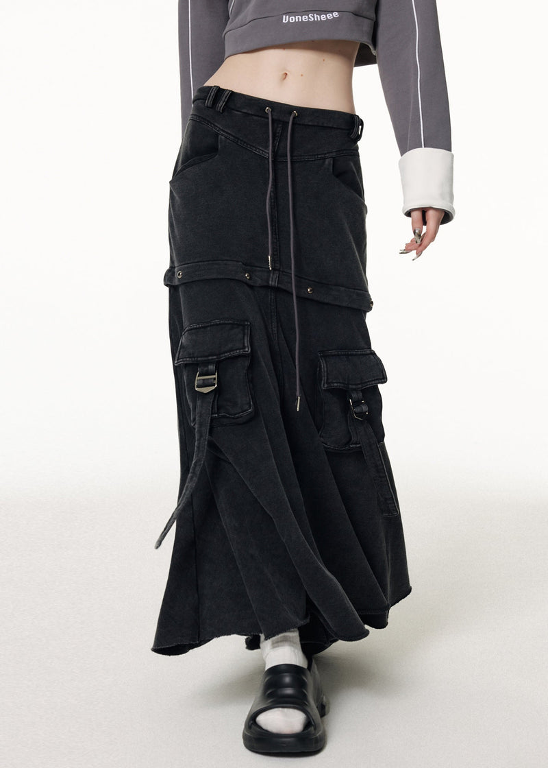 Diy Grey Patchwork Elastic Waist Drawstring Denim Maxi Skirts Fall
