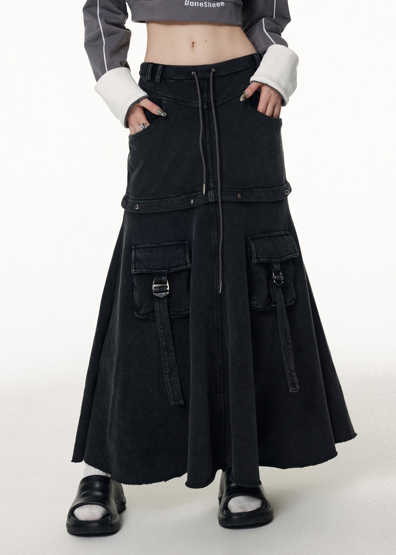 Diy Grey Patchwork Elastic Waist Drawstring Denim Maxi Skirts Fall