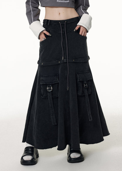 Diy Grey Patchwork Elastic Waist Drawstring Denim Maxi Skirts Fall