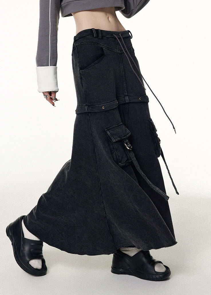 Diy Grey Patchwork Elastic Waist Drawstring Denim Maxi Skirts Fall