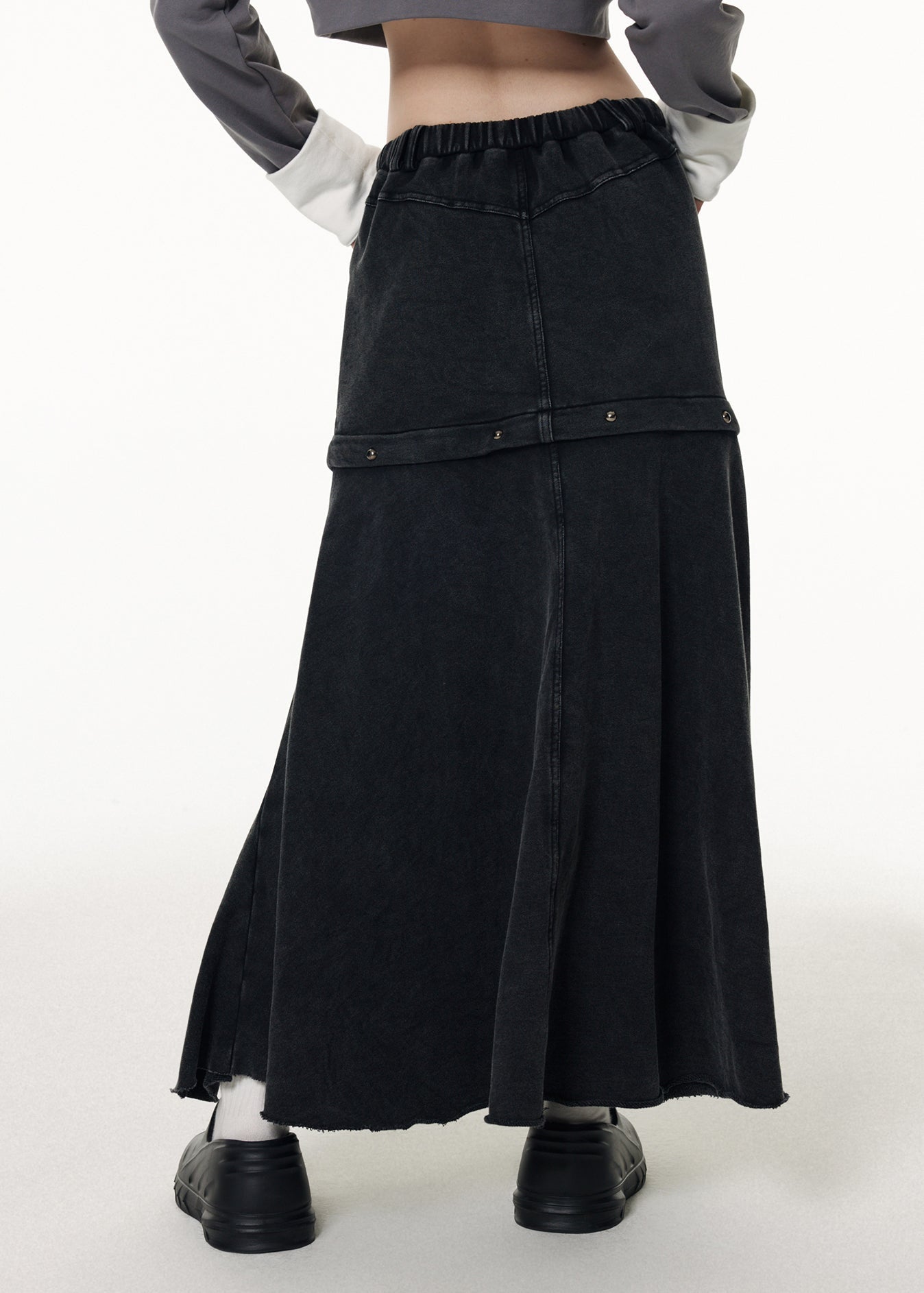 Diy Grey Patchwork Elastic Waist Drawstring Denim Maxi Skirts Fall